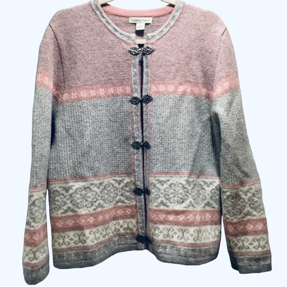 Carroll Reed Wool Cardigan Size-L Fair Isle Nordic Pink/Gray  Metal Clasps Vtg - Picture 1 of 16